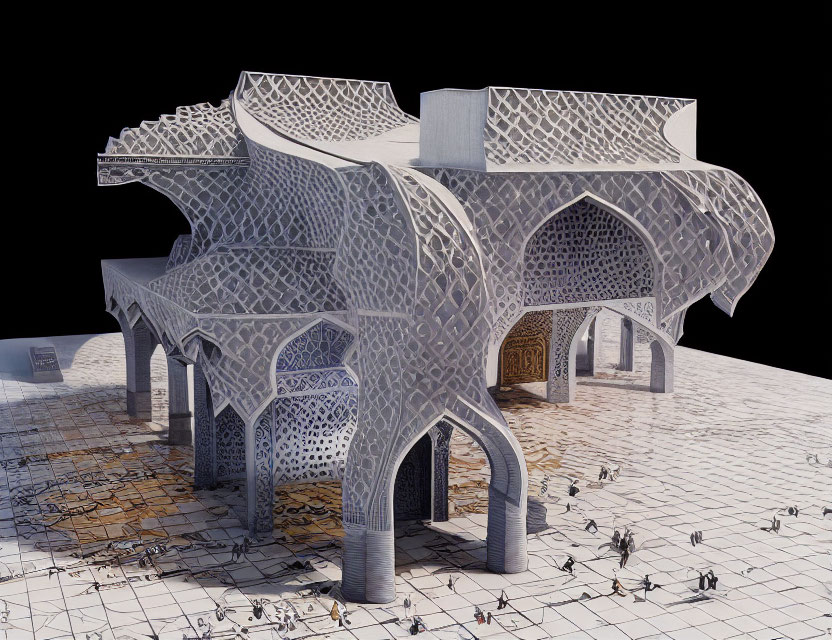 Intricate 3D Rendered Building Resembling Grand Piano with Islamic-Style Patterns