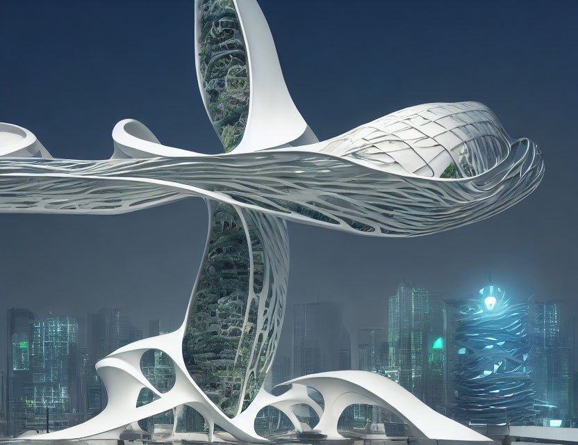 Modern futuristic architecture blending organic shapes into urban skyline at night