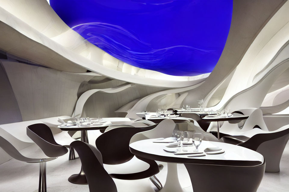 Futuristic Restaurant Interior with White Walls, Blue Accents, & Dark Furniture