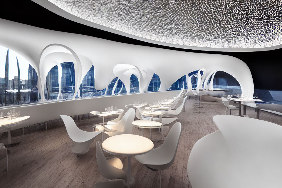Modern restaurant interior with white furnishings and city view windows