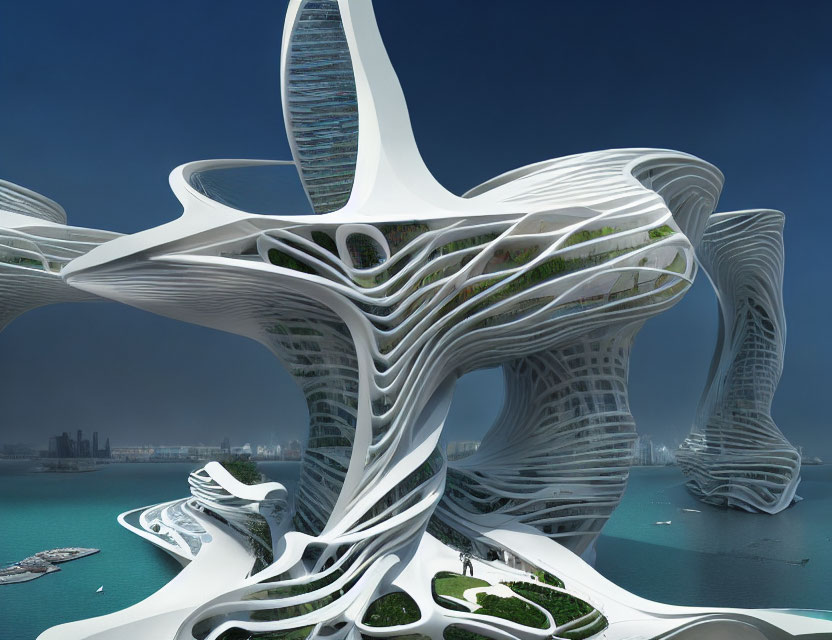 Organic-shaped futuristic architecture with green spaces overlooking coastal city skyline