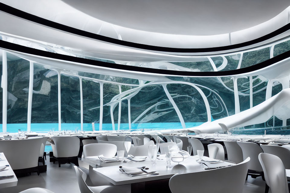 Futuristic white decor with curving elements and water views