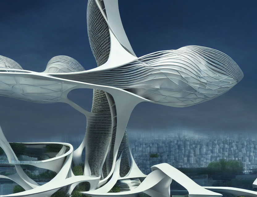 Futuristic white architecture with organic shapes and city skyline.