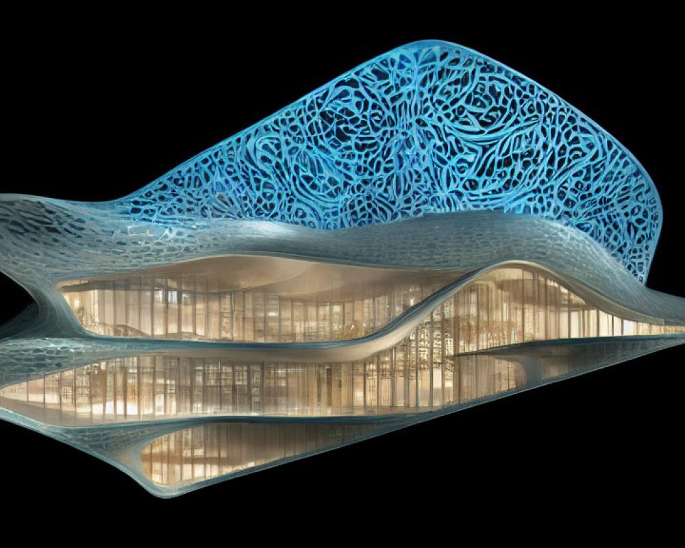 Undulating futuristic building with lattice-patterned exterior