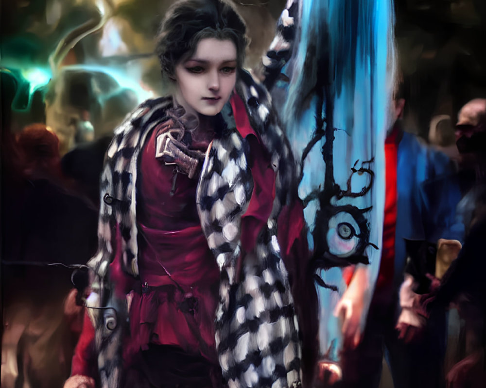 Woman in red and black costume with checkered cloak surrounded by eerie figures and bright blue spectral eye pattern