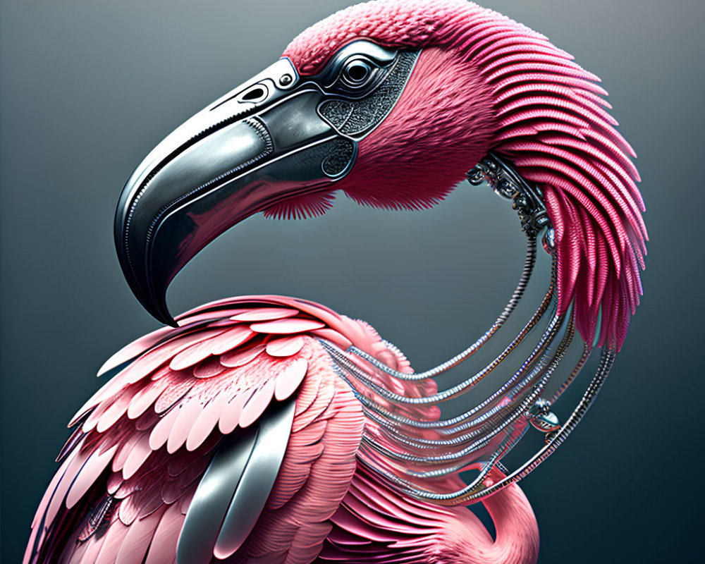 Cybernetic Flamingo Illustration: Pink Feathers, Mechanical Neck & Head