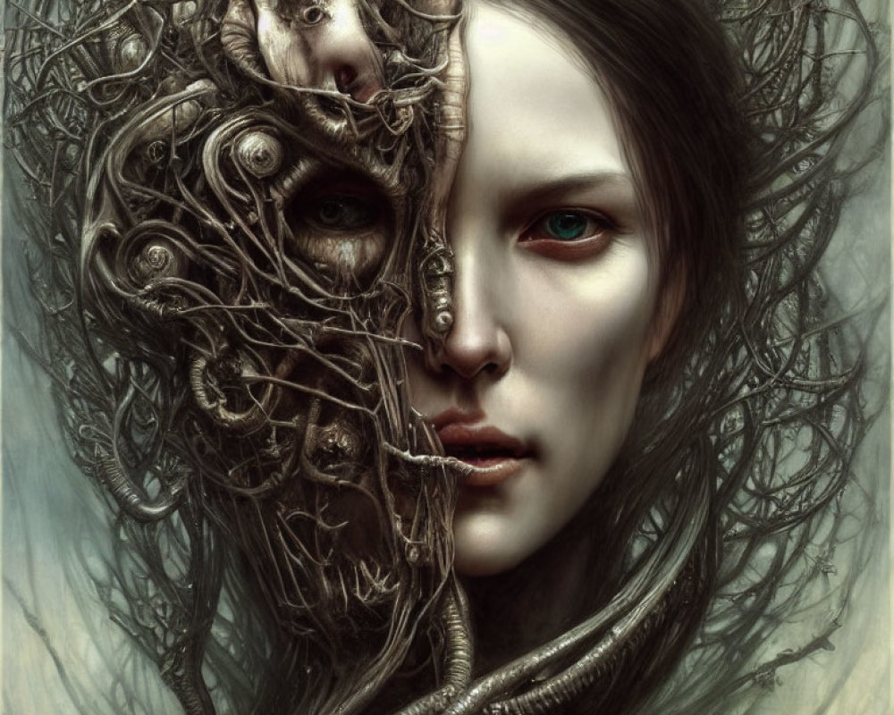 Fantasy illustration of female figure with dual human and mechanical visage