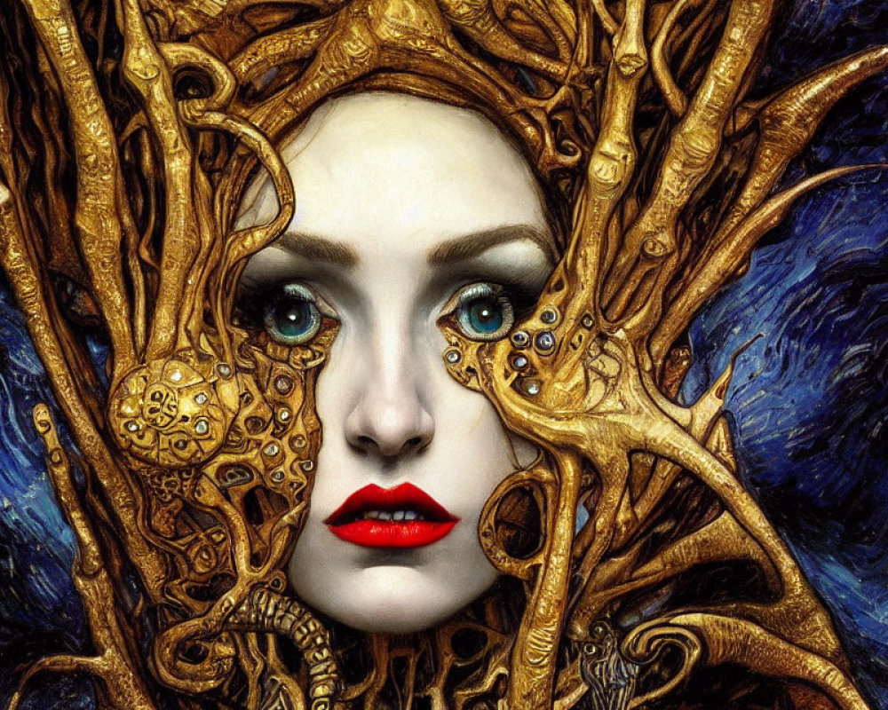 Woman with Blue Eyes and Red Lips Surrounded by Golden Swirls on Deep Blue Background
