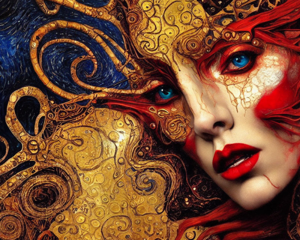 Woman with Blue Eyes and Red Lips in Gold Patterns on Blue Background