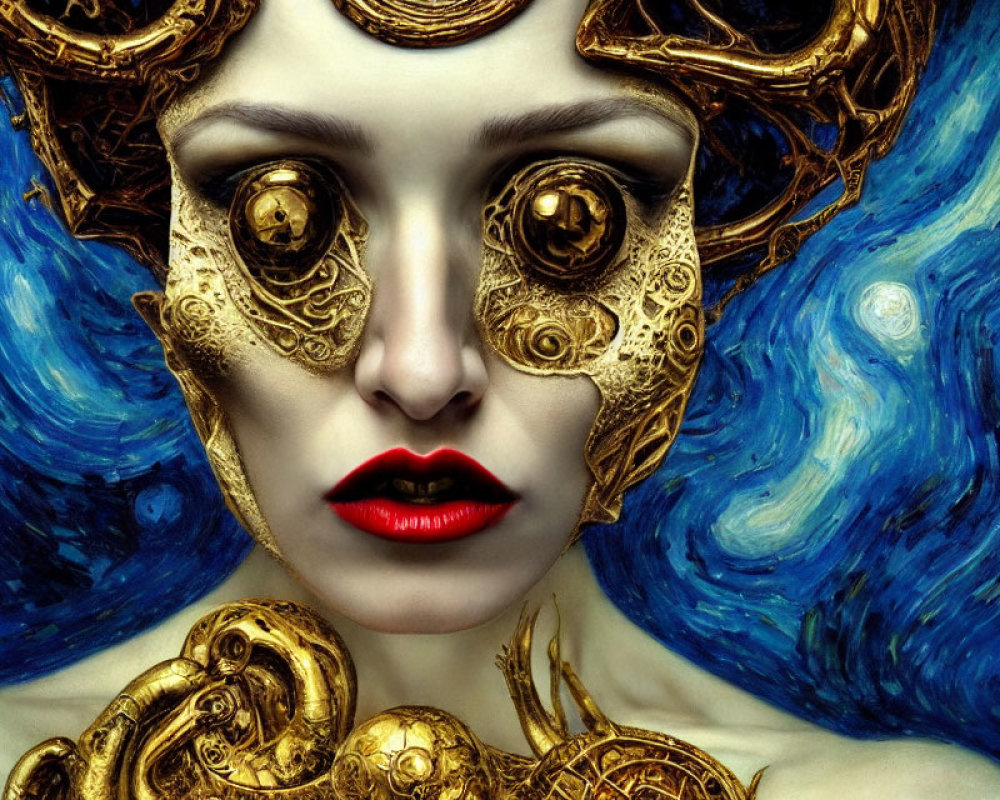 Woman with golden gear adornments against swirling blue backdrop reminiscent of "Starry Night