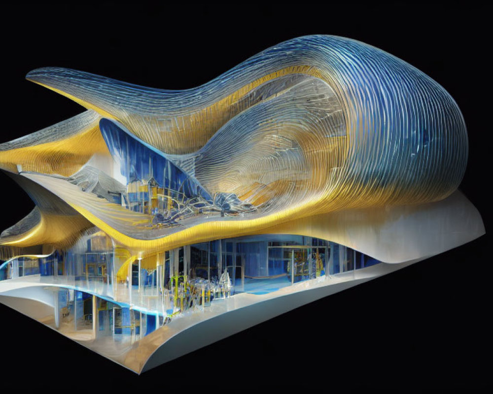 Architectural 3D model with fluid yellow and blue forms on black background