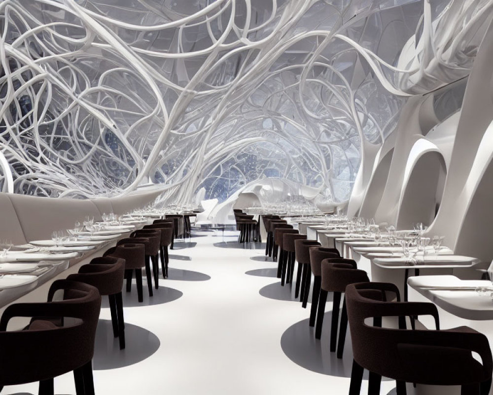 Modern restaurant interior with white branching structures, sleek dining tables, and dark chairs on glossy floor