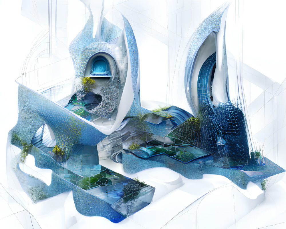 Futuristic architectural concept design with fluid structures, aquatic elements, organic textures, greenspaces, and