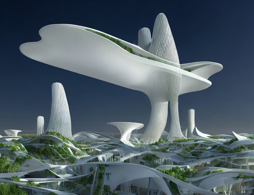 Organic architecture in futuristic cityscape with green roof gardens