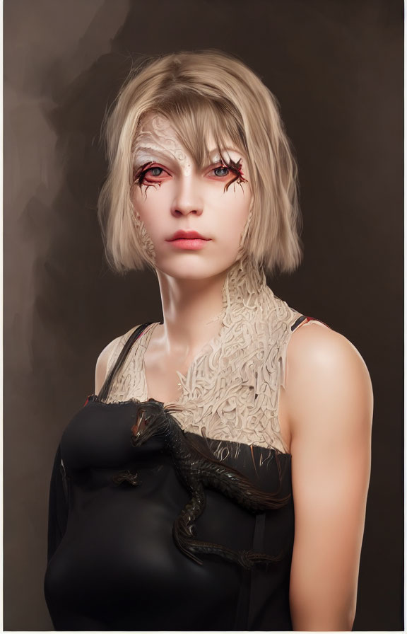 Digital artwork: Woman with blonde bob, cracked glass eyes, reptile on shoulder, brown backdrop.