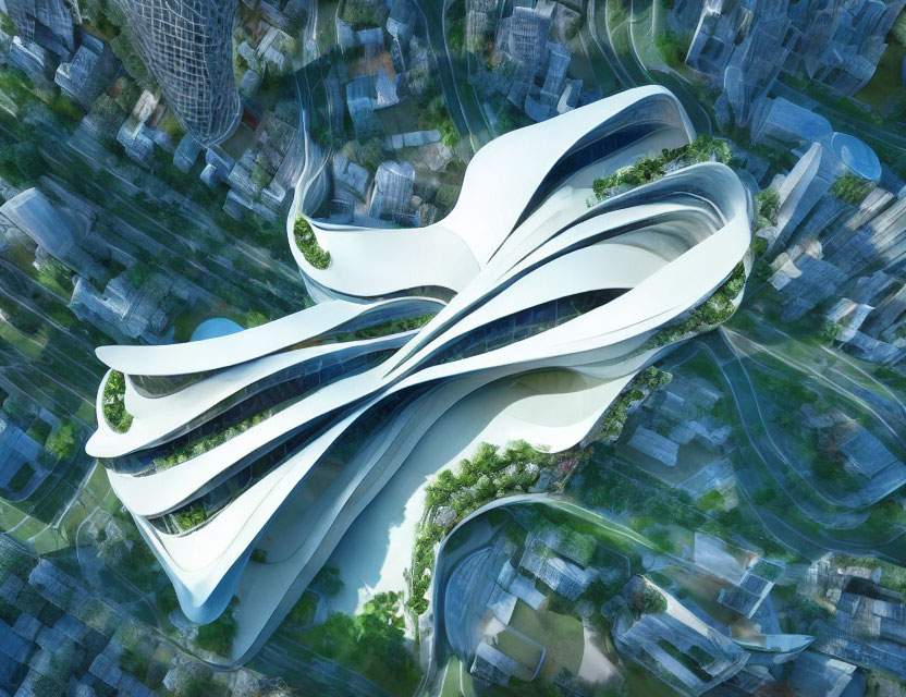 Futuristic building with organic lines amidst greenery & skyscrapers