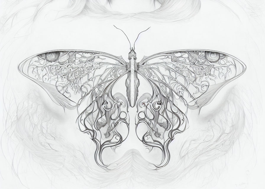 Monochrome butterfly art with intricate symmetrical patterns