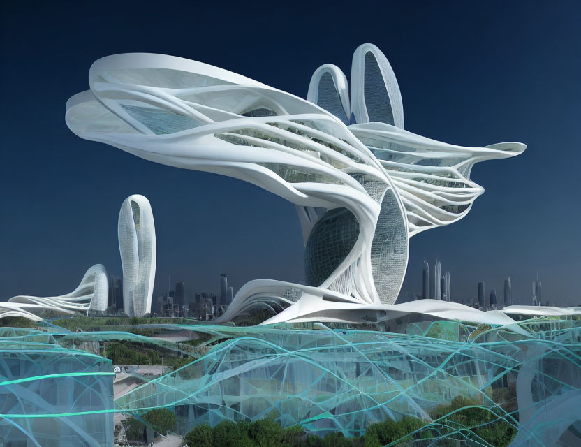 Organic-shaped futuristic cityscape against clear blue sky
