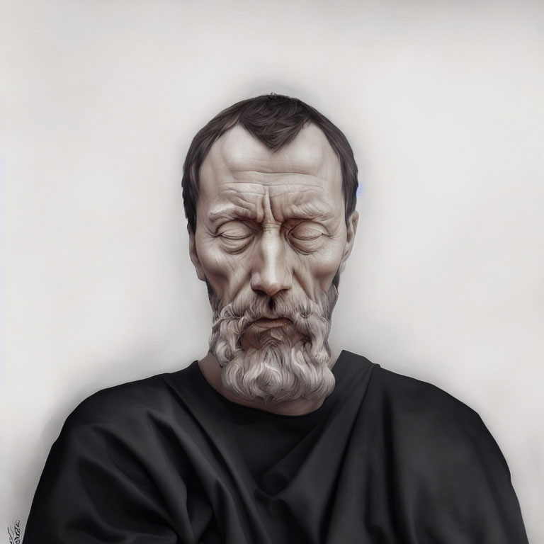 Realistic digital painting of bearded man with eyes closed and somber expression