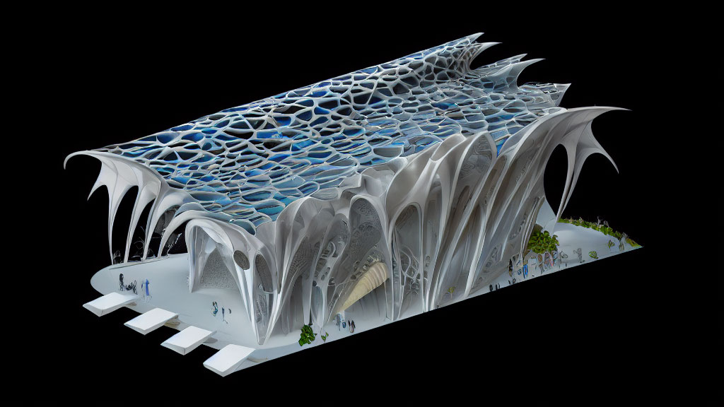 Organic white rib-like structures with blue grid roof in futuristic building.