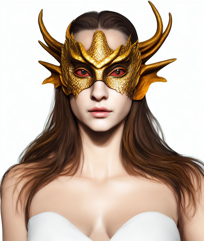 Woman with Long Brown Hair in Ornate Gold and Red Mask