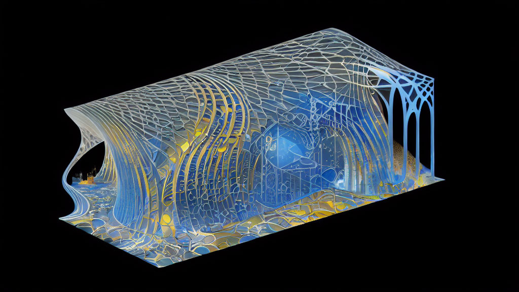 Detailed 3D rendering of blue and yellow tunnel structure on black background