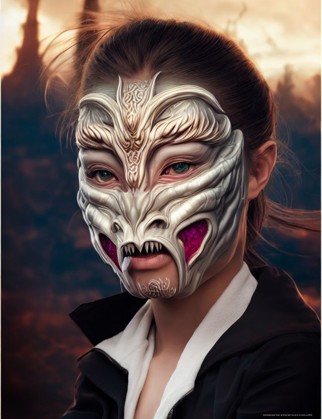 Half-Face Person in Fantasy Creature Mask with White and Silver Designs