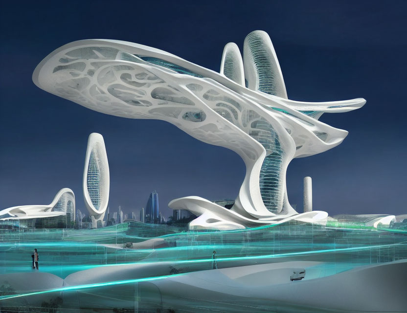 Interconnected futuristic buildings with organic shapes at night