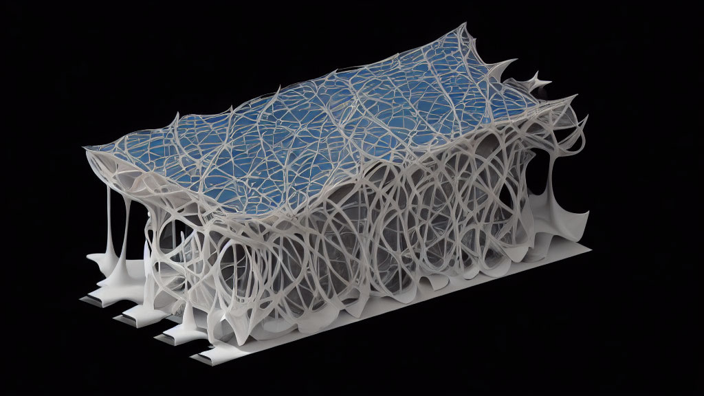 Detailed 3D-printed architectural model with intricate web-like structure and geometric canopy