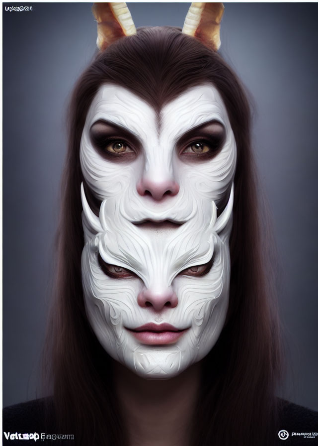 Person with stylized white fox mask face paint and horn-like appendages