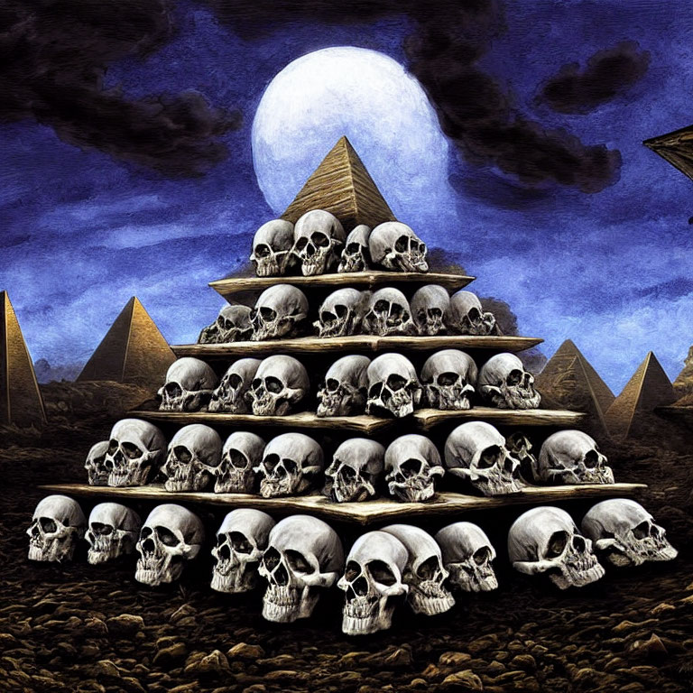 Human Skull Pyramid Against Egyptian Pyramids at Night
