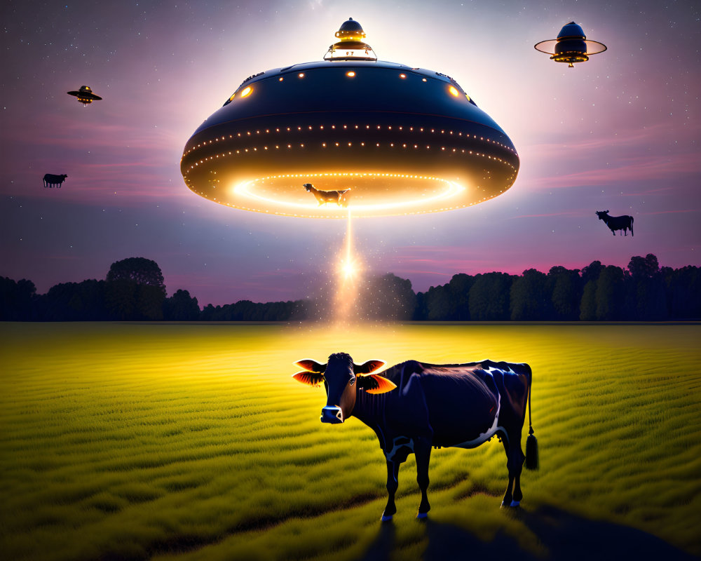 Cow in field at twilight under large UFO with beams of light, smaller UFOs and floating cow in