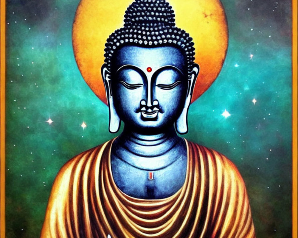 Colorful Buddha illustration with serene expression, blue skin, golden robe, starry background