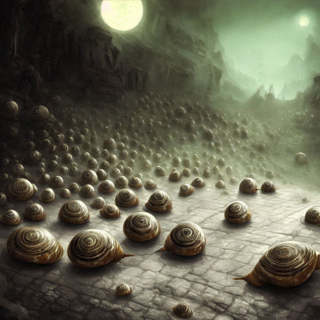 Fantasy landscape with large snails on rocky terrain under greenish sky