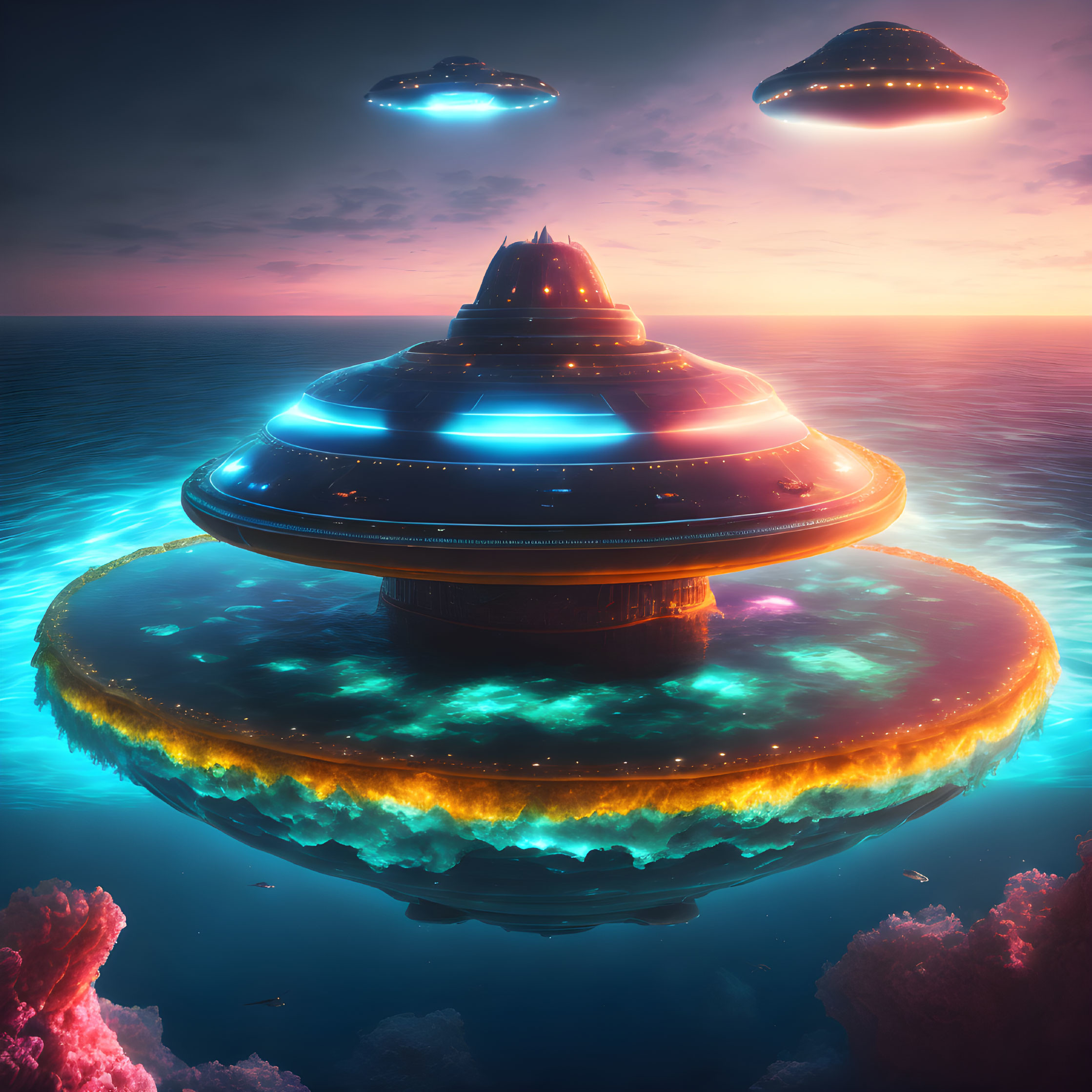 UFOs taking off from undersea base in Atlantis.