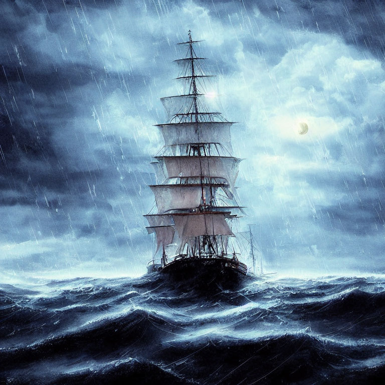 Vintage sailing ship battles stormy seas with billowing sails