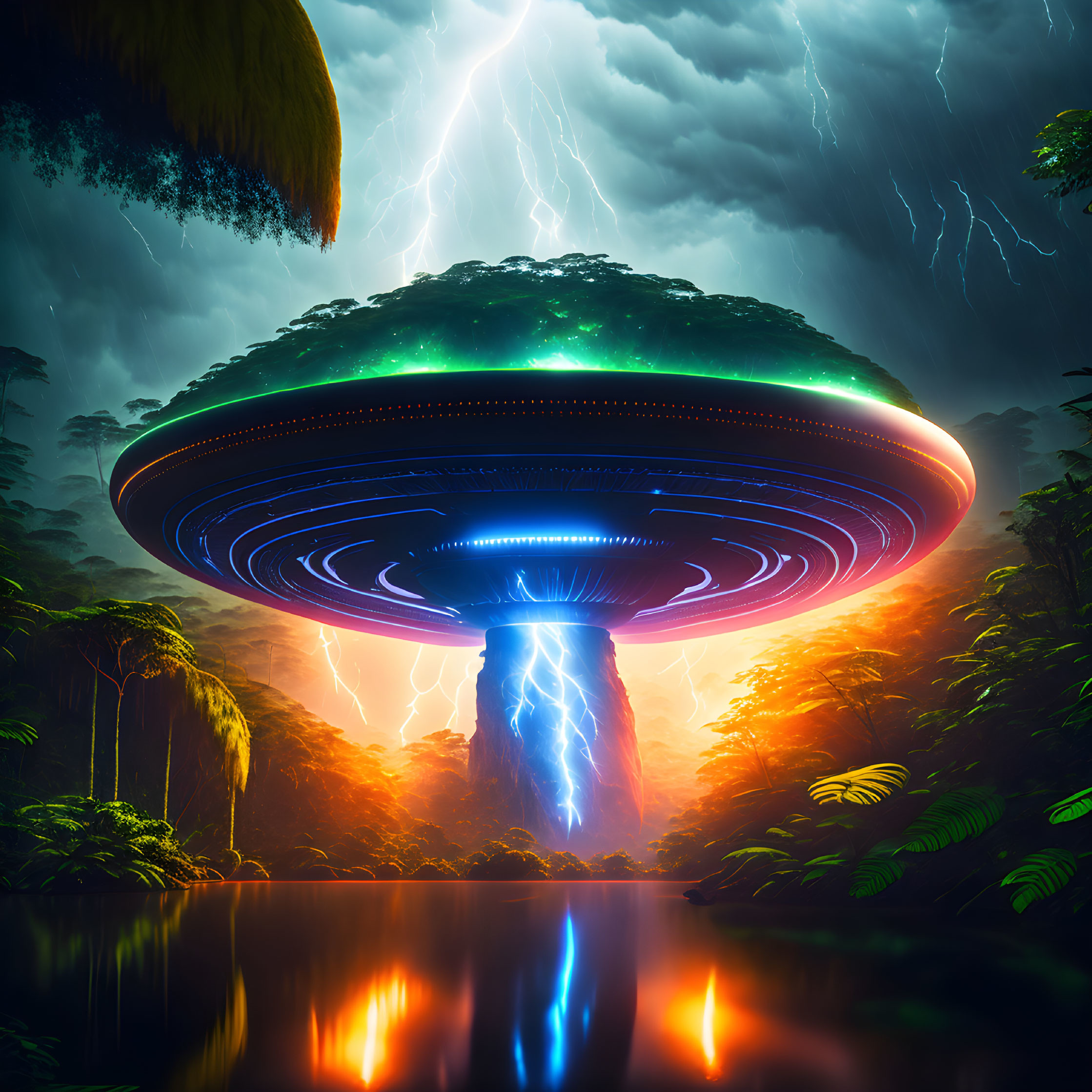 Glowing UFO over misty jungle with lightning reflection on water