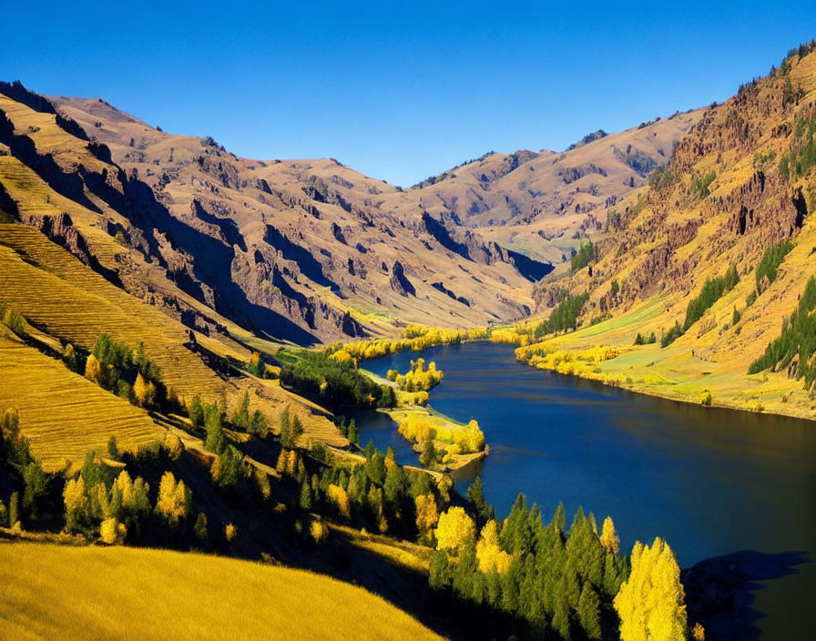 Tranquil river in vibrant autumn valley with golden trees and blue sky