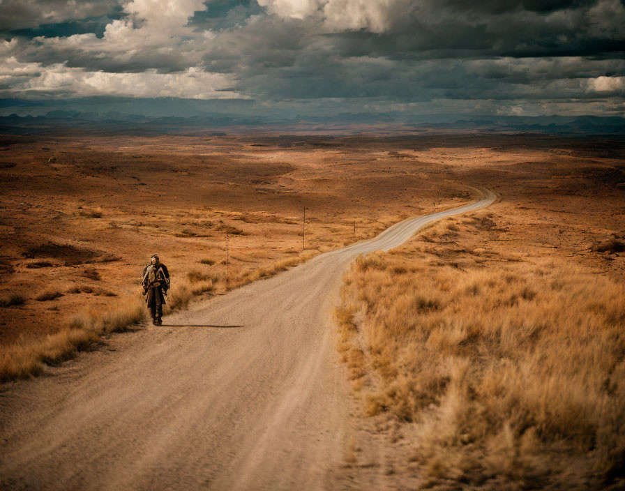 Cyclist on Dirt Road Amidst Grassy Plains and Cloudy Sky