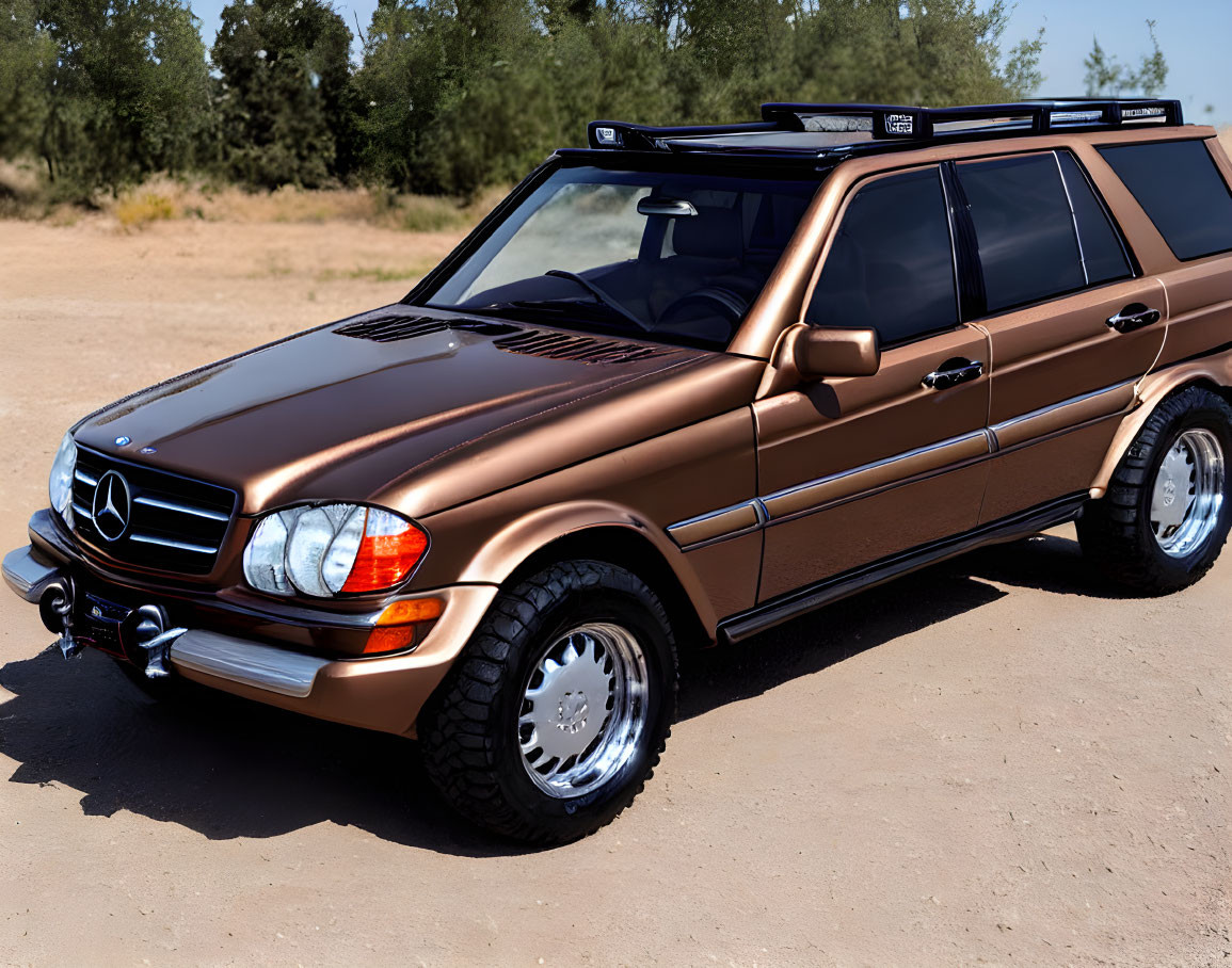 Bronze Mercedes SUV with roof rack parked outdoors among trees