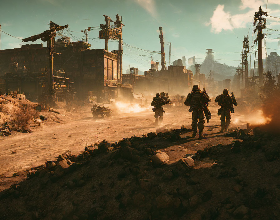 Soldiers in heavy gear march through post-apocalyptic landscape