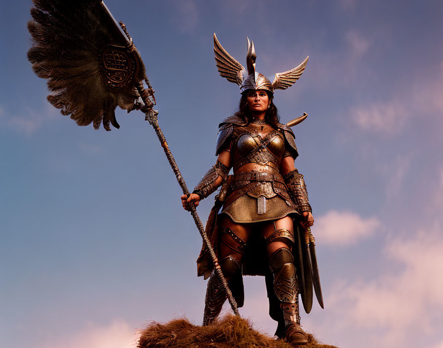 Ornately armored warrior with spear, shield, and winged helmet under sky