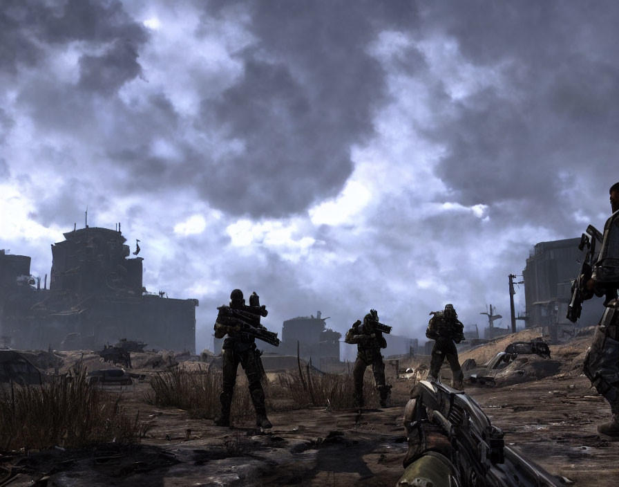 Military soldiers patrol war-torn landscape with rifles under stormy sky.