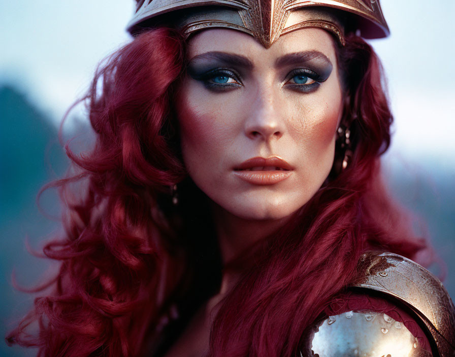 Red-haired woman in bronze armor with blue eye makeup and intense gaze