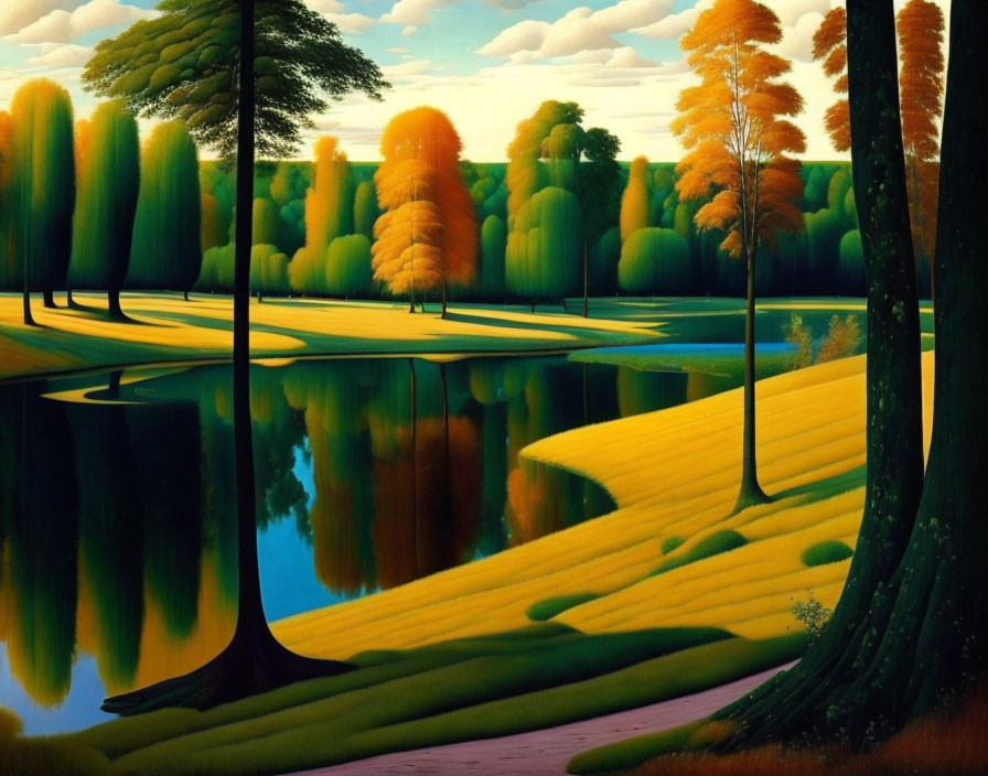 Colorful landscape painting with diverse trees, reflective water, and rolling hills.