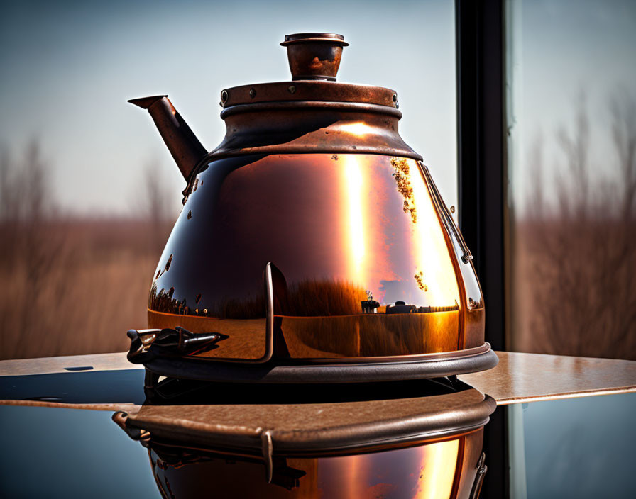 Shiny copper kettle on stovetop reflects sunset landscape