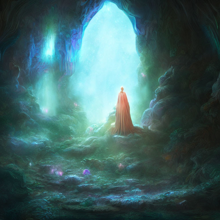 Cloaked figure at entrance of vibrant, mystical cave