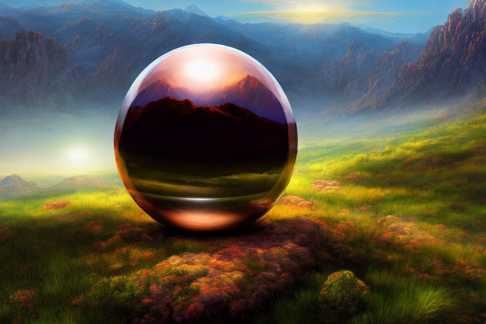 Surreal landscape with reflective sphere at sunrise over mountainous terrain