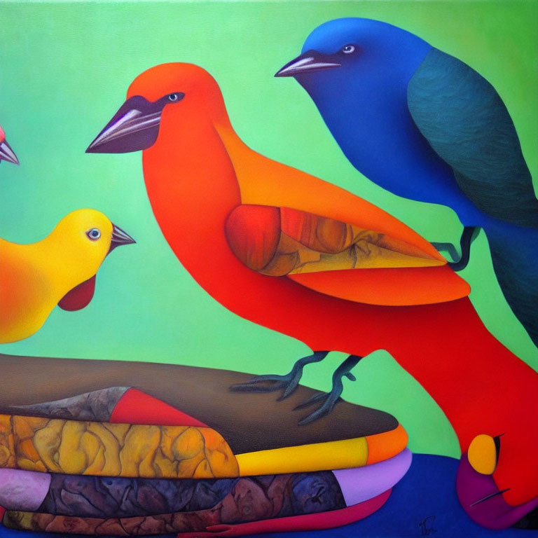 Vibrant painting of stylized birds on branches with colorful background