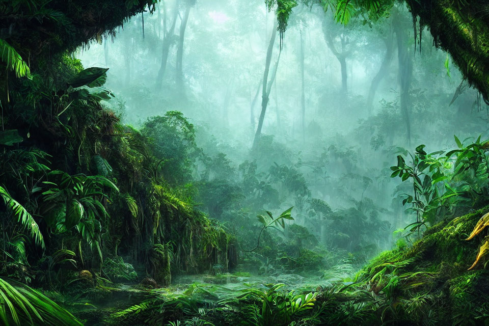 Lush Green Forest with Dense Foliage and Sunlight Filtering Through Canopy